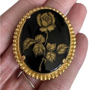 Vintage Black & Gold Rose Brooch Pin